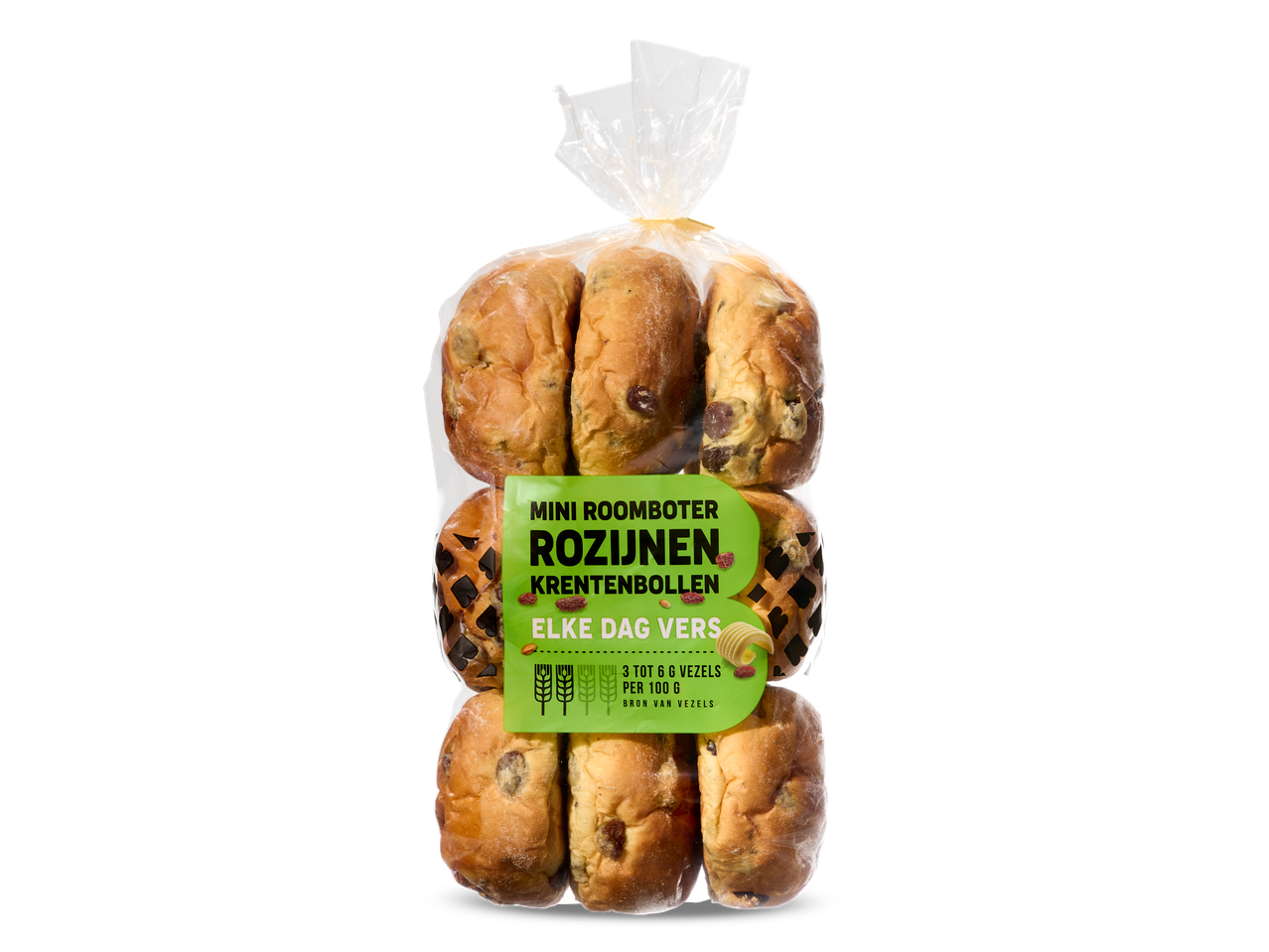 Zak mini roomboter rozijnen krentenbollen.