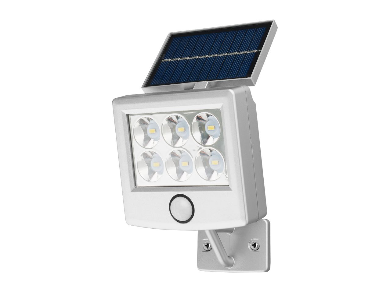 Solar-powered outdoor LED light with motion sensor, silver-colored casing, and adjustable solar panel.