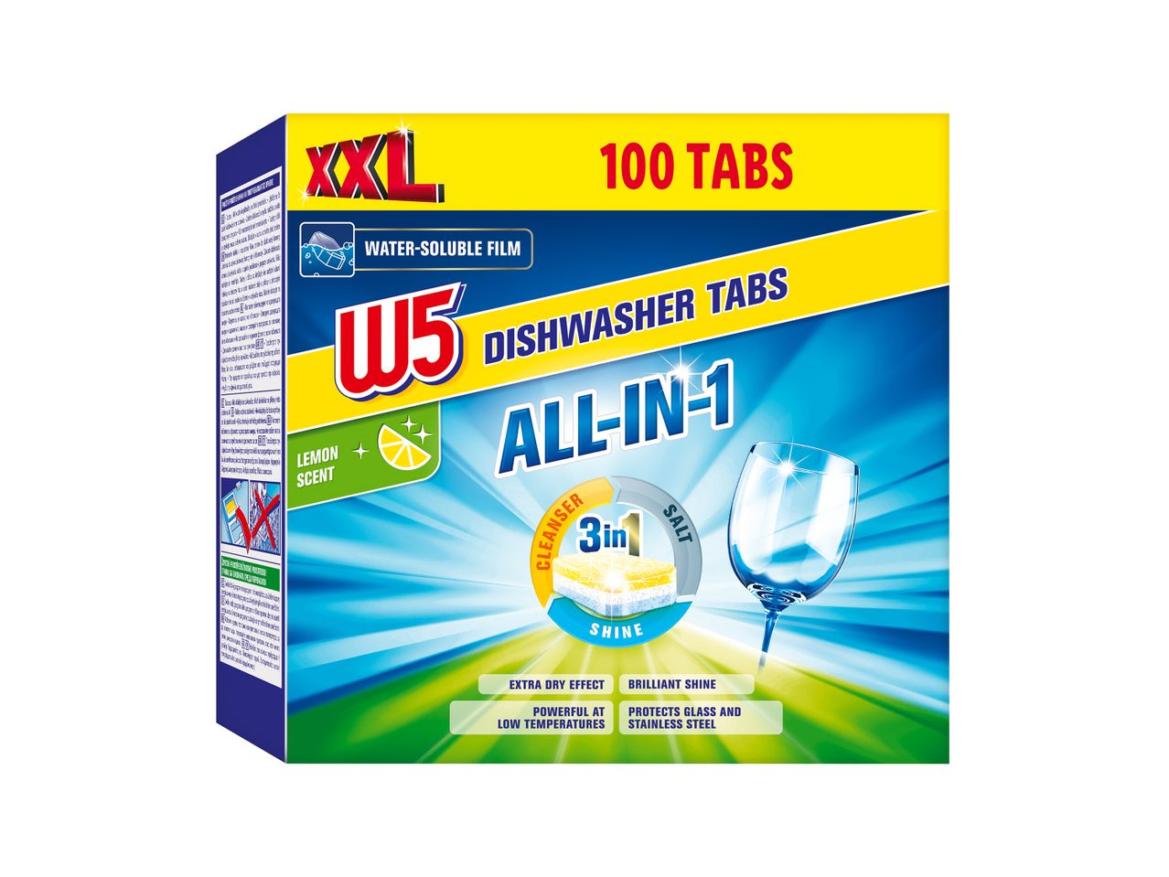 W5 XXL ταμπλέτες πλυντηρίου πιάτων 3-σε-1 με άρωμα λεμονιού, 100 ταμπλέτες