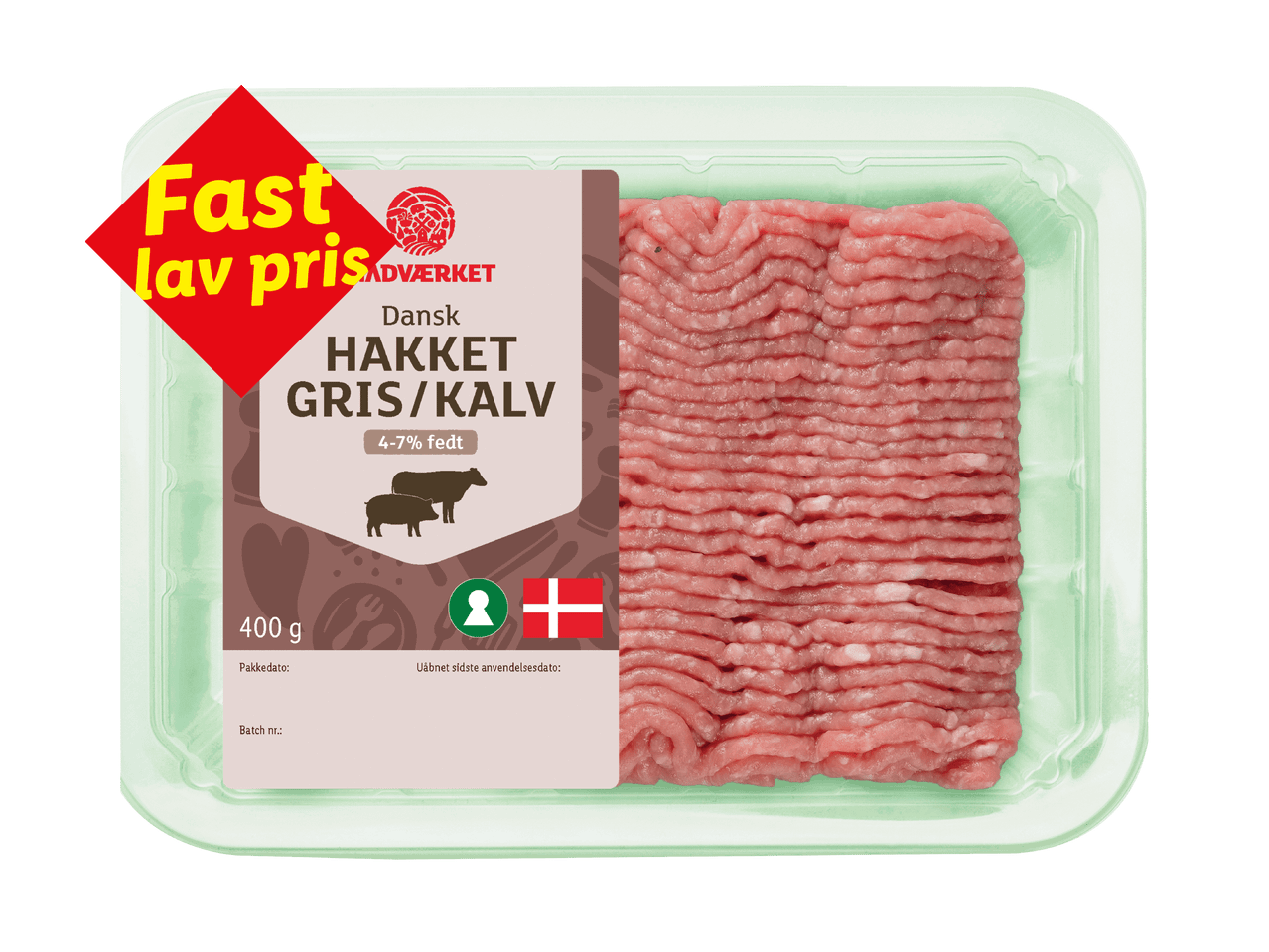 Pakke med hakket gris/kalv med 4-7% fedt, 400g, med et 'Fast lav pris'-mærke.