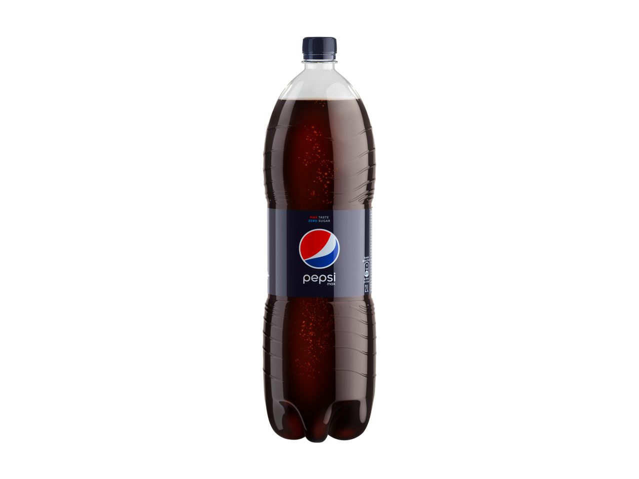 Plastenka Pepsi Max s temno modro etiketo in belim logotipom na belem ozadju.