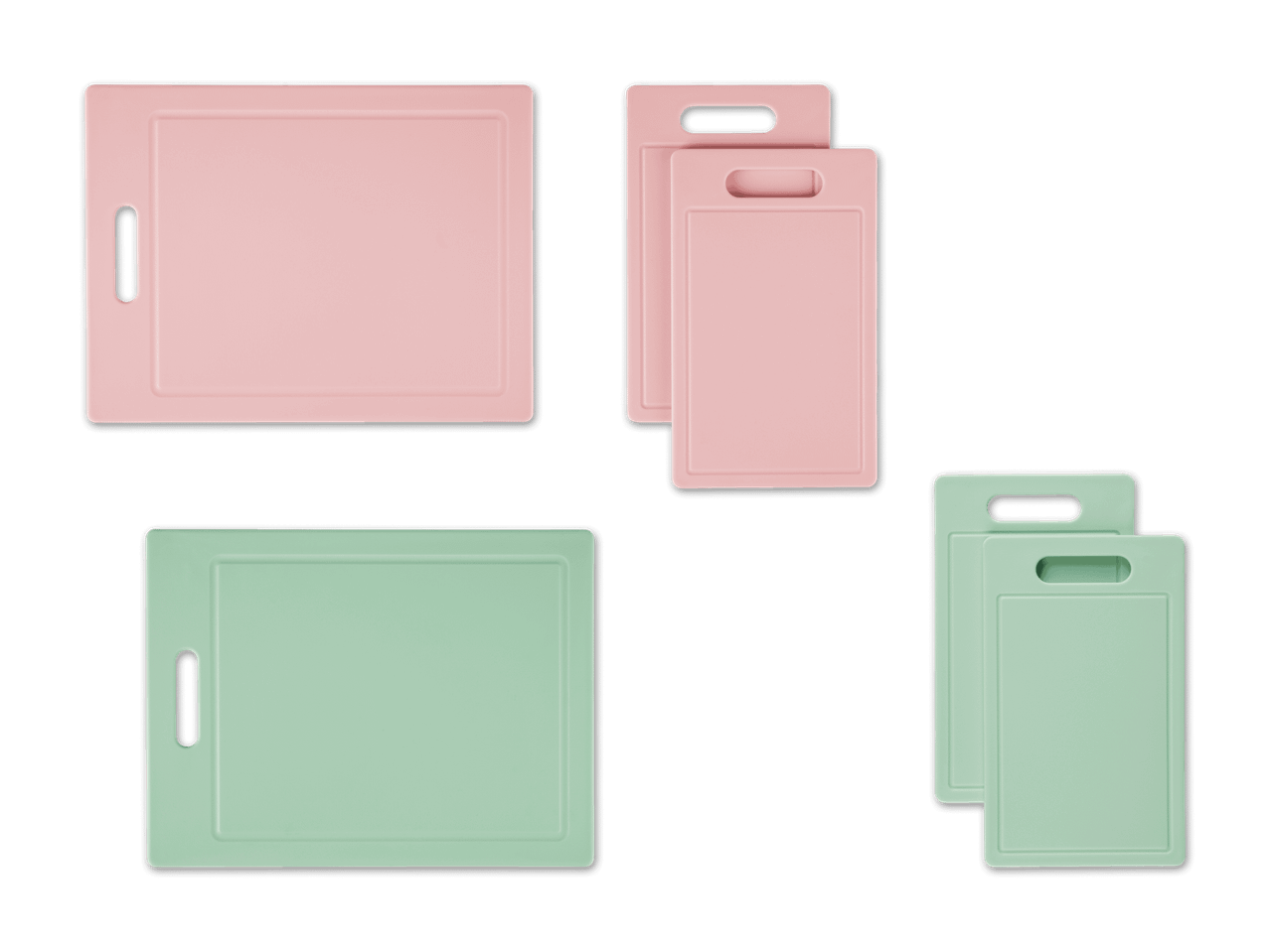 Zwei Sets aus rosa und mintgrünen Kunststoff-Schneidebrettern in verschiedenen Größen.