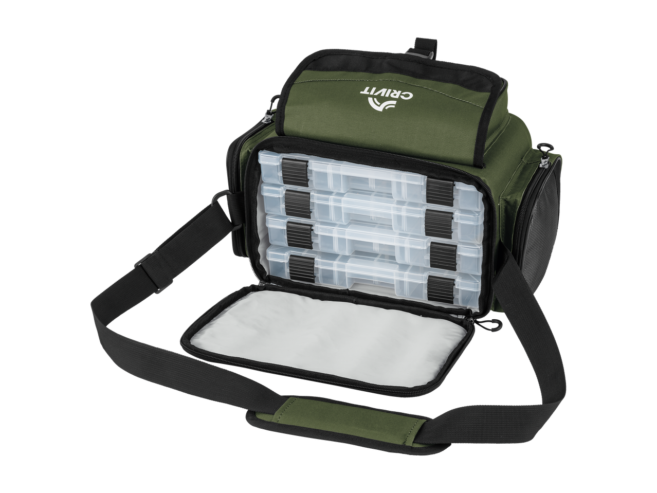 Zelena torba za ribolov z naramnico in štirimi prozornimi škatlami za shranjevanje.