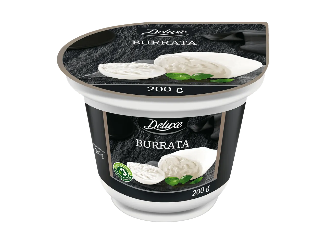 Un contenitore di Burrata Deluxe da 200 g con un'immagine di burrata sull'etichetta.