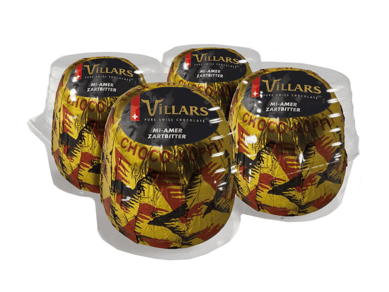 Vier Schweizer Zartbitterschokoladeneier, in goldene Folie mit roten und schwarzen Mustern verpackt.