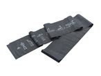 Black resistance band with white exercise illustrations, including arm and leg workouts.