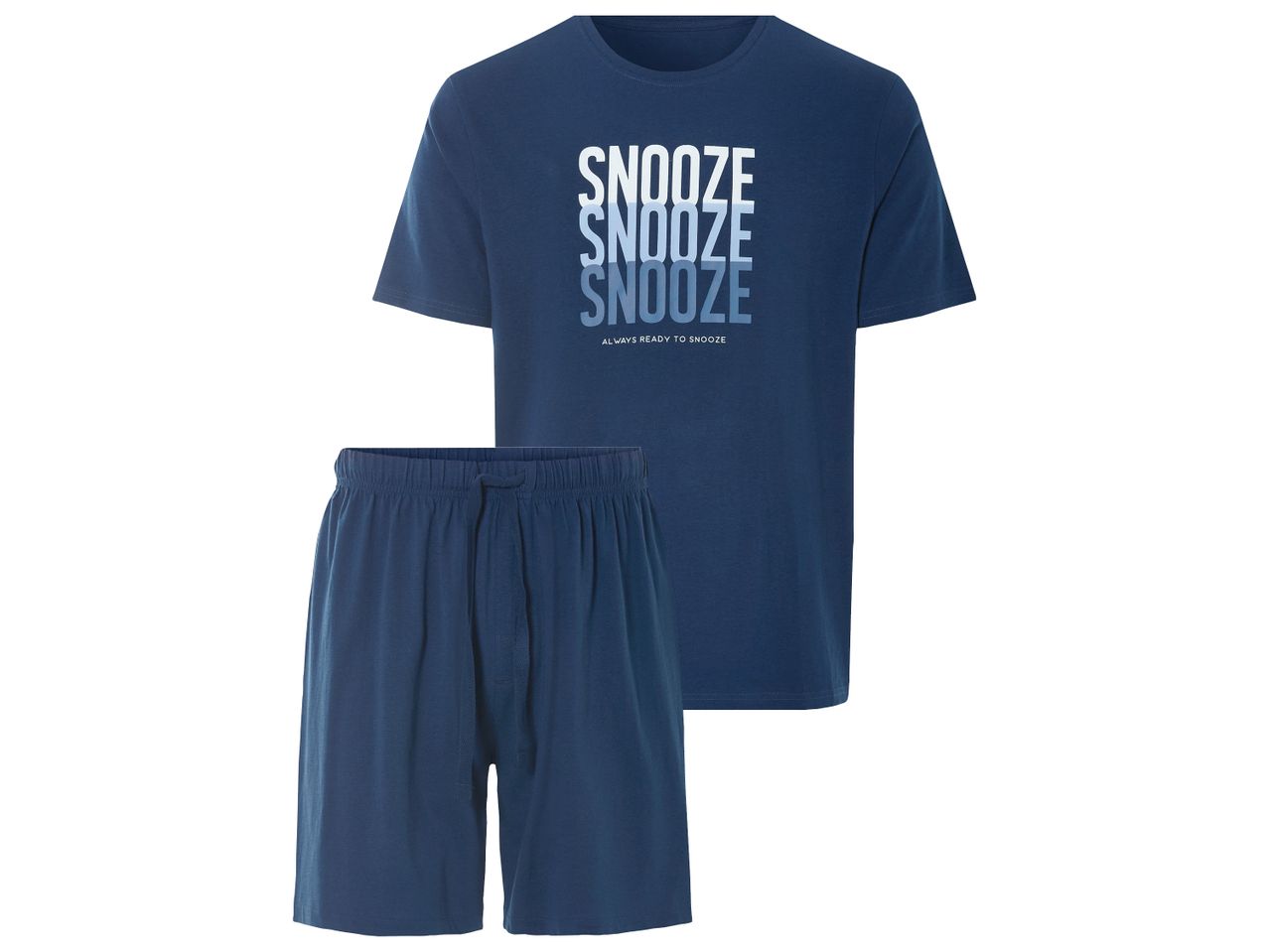 Men's navy blue Snooze pyjama set featuring a short-sleeved t-shirt and shorts.