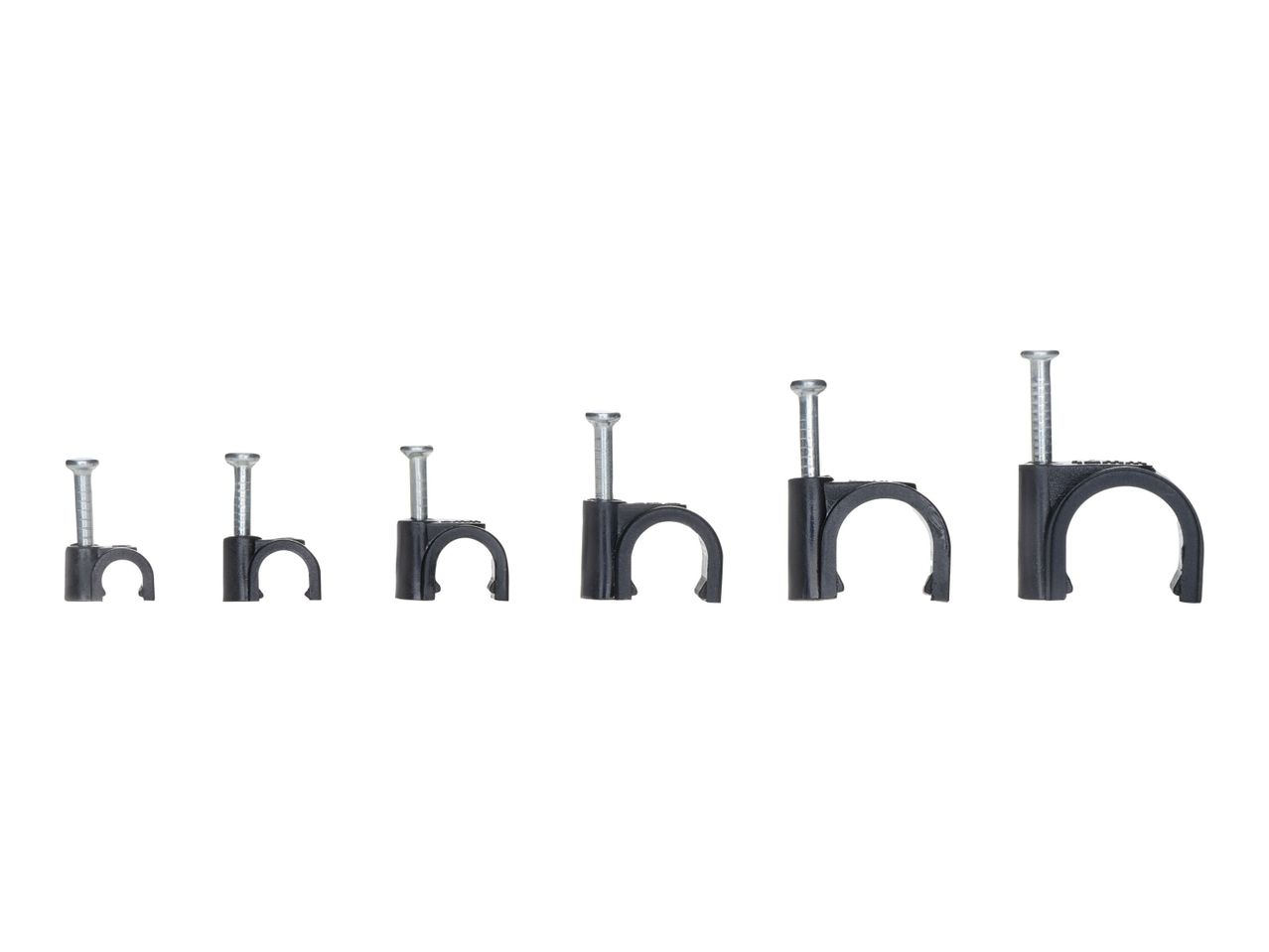 Assortment of black plastic cable clips in various sizes.