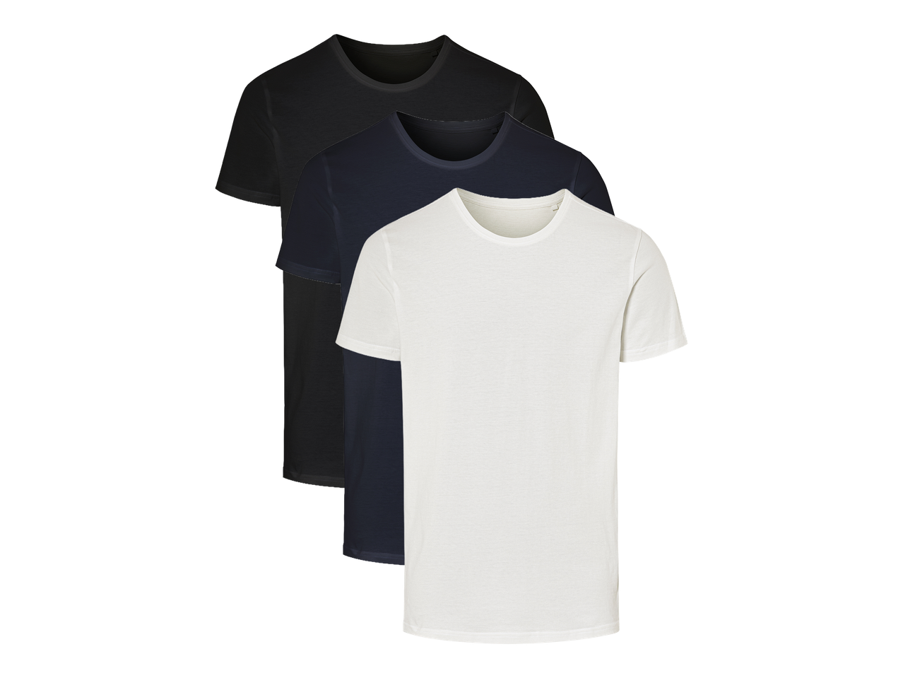 Pakiranje od tri muške majice kratkih rukava u bijeloj, tamnoplavoj i crnoj boji.