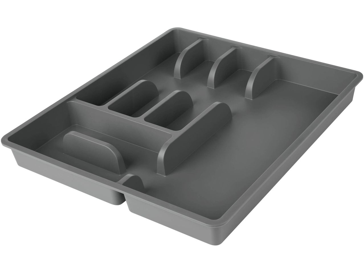 Gray plastic cutlery tray with multiple compartments
