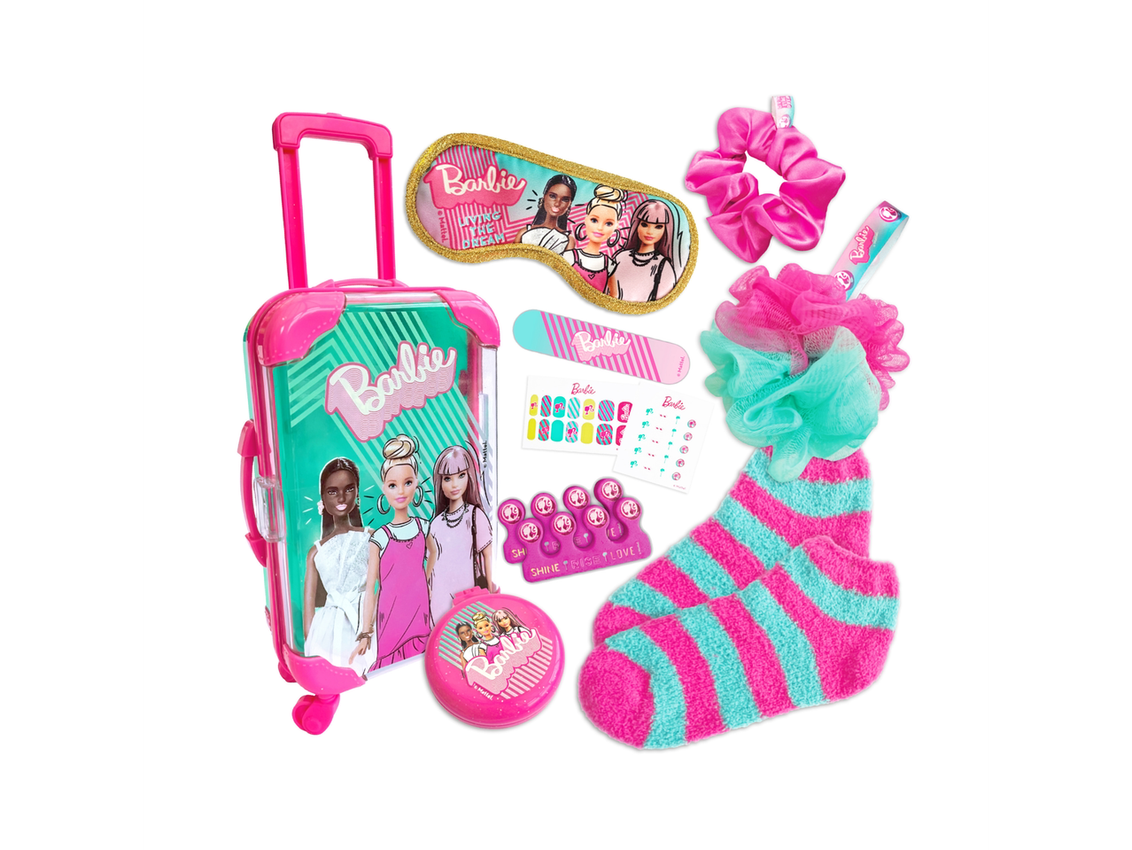 Barbie® žaidimų rinkinys su lagaminu, miego kauke, nagų laku, kojinėmis ir aksesuarais.