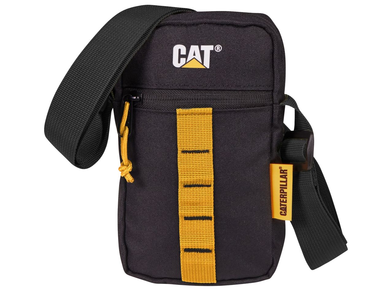 Черна чанта през рамо Caterpillar® с жълти детайли.