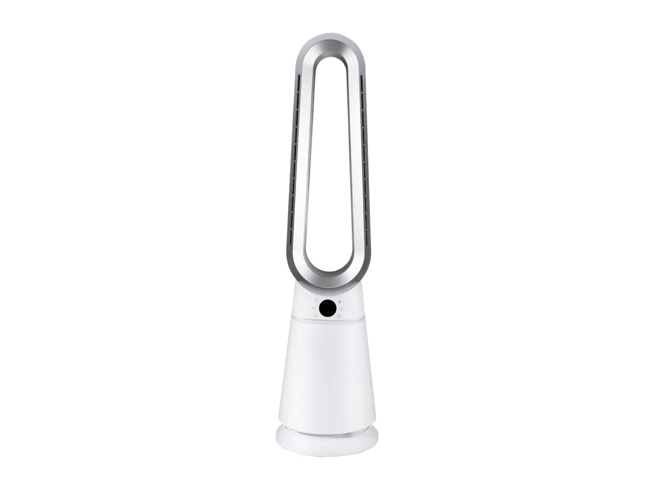 White and silver bladeless tower fan with a digital display