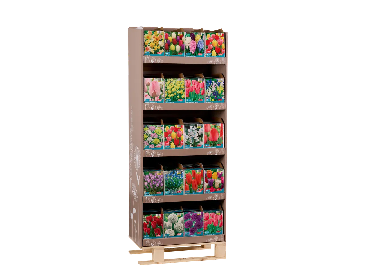 Display stand with packages of flower bulbs, including tulips, daffodils, and hyacinths.