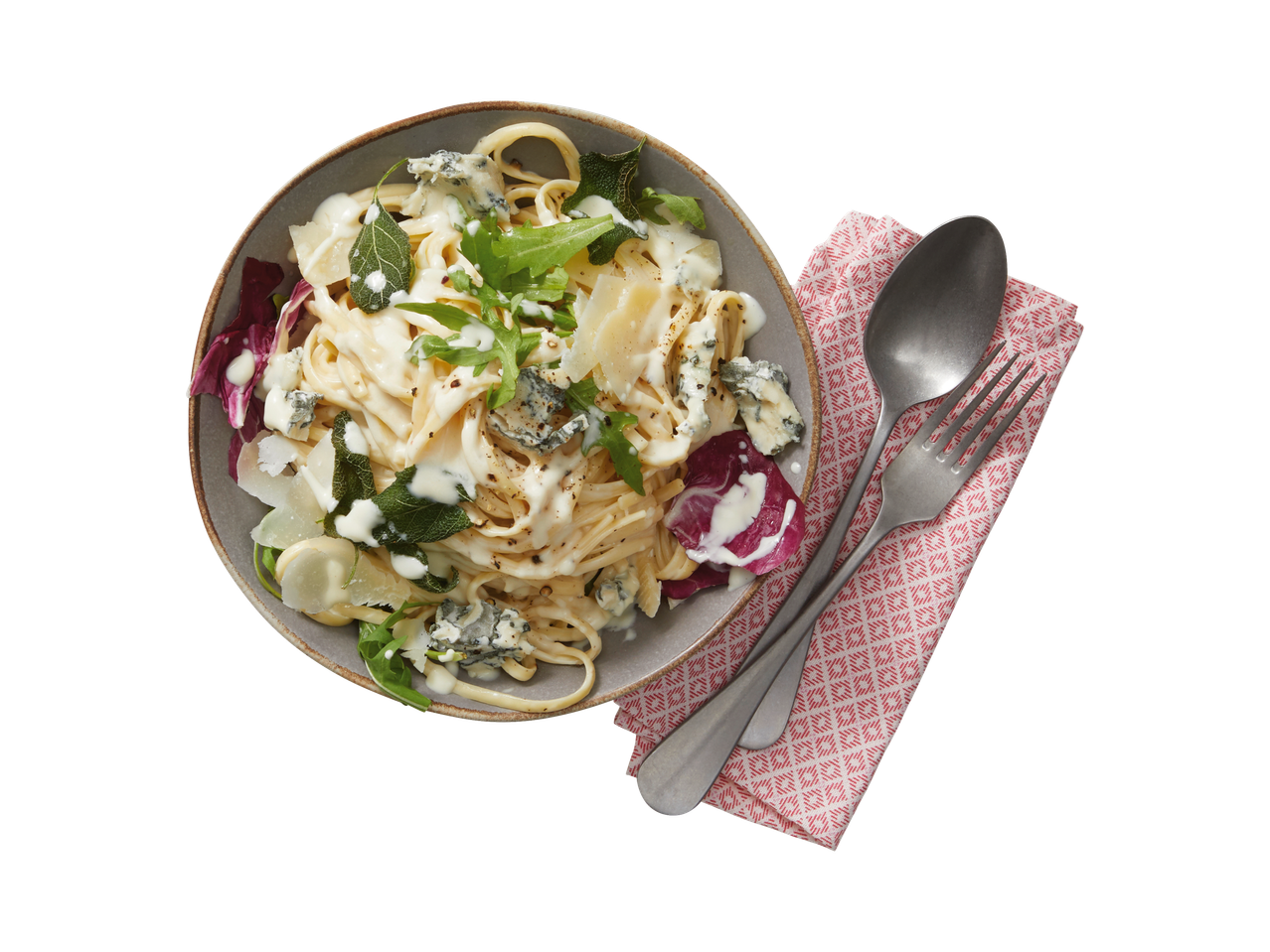 Massa com queijo gorgonzola e parmesão.