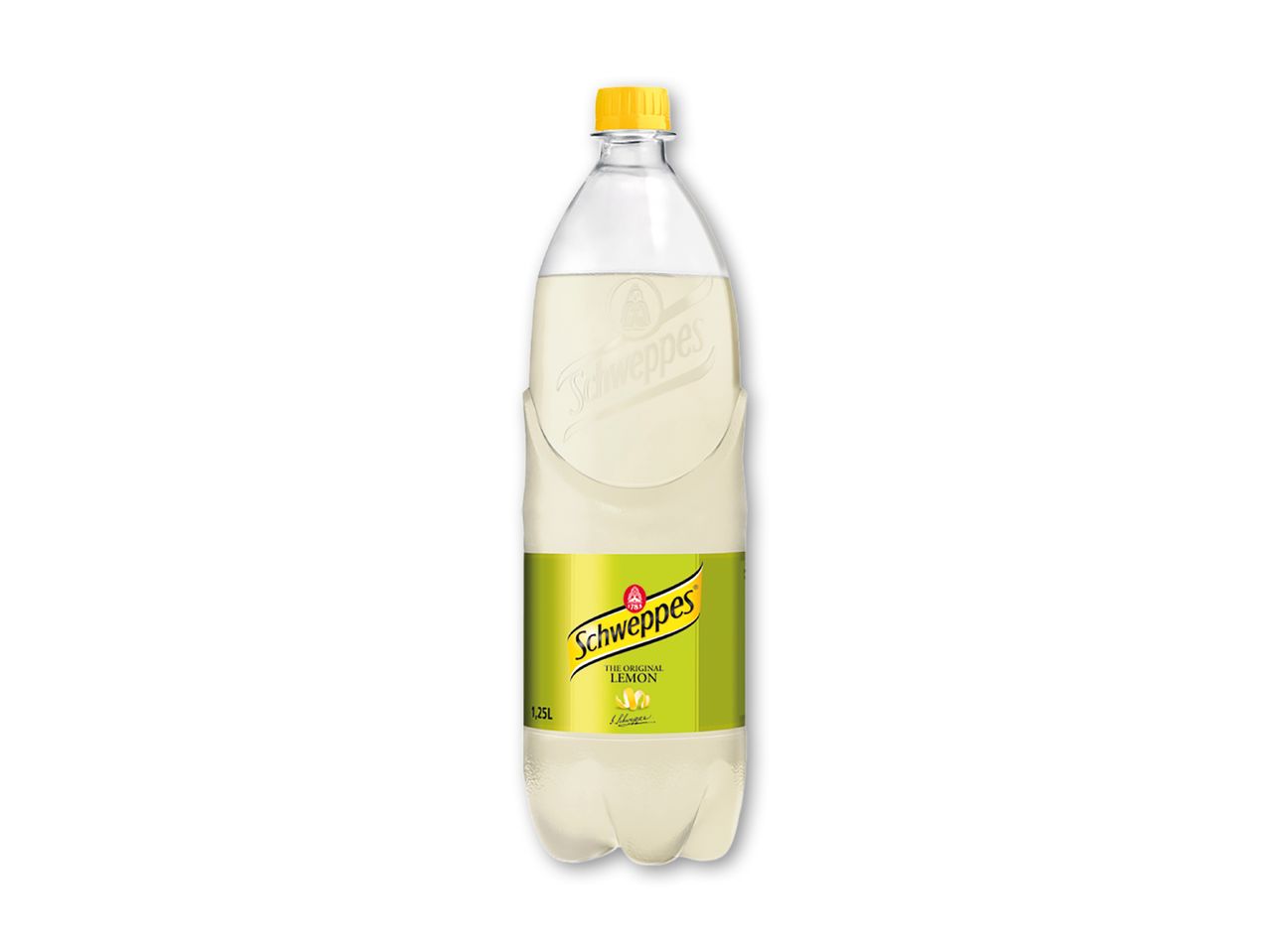 En flaske citronlæskedrik med en gul etiket og en gul hætte.