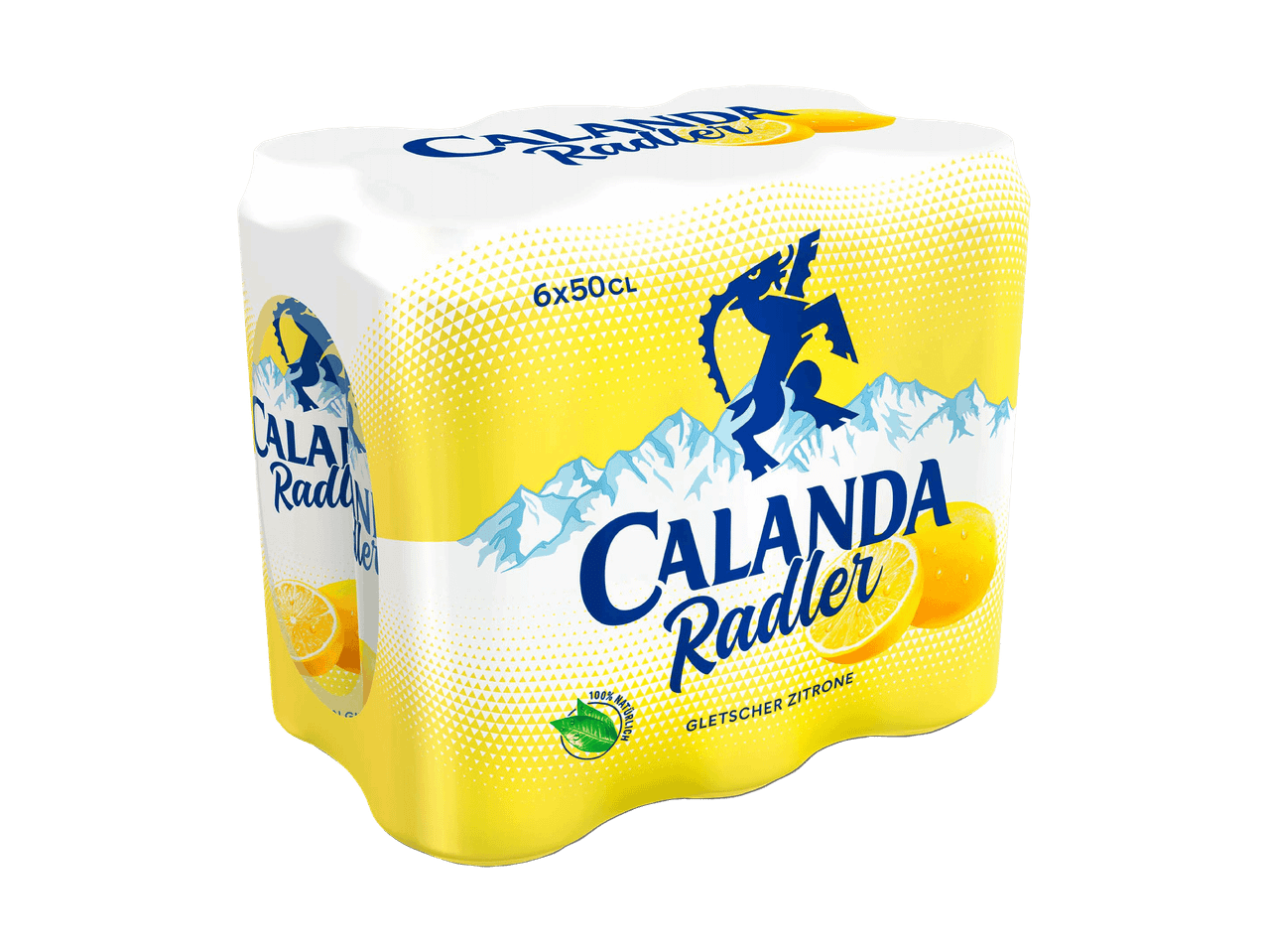 6er-Pack Zitronengetränkedosen, mit Bergen und einem Drachen, 100% natürlich.