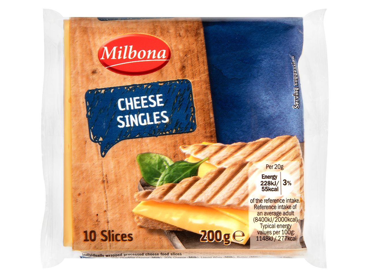 Milbona Cheese Singles packaging with a grilled cheese sandwich.