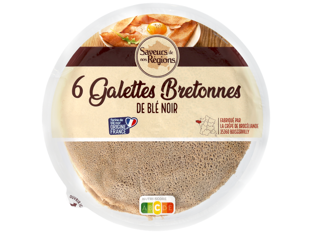 Paquet de 6 galettes bretonnes de blé noir, avec Nutri-Score A et origine France.