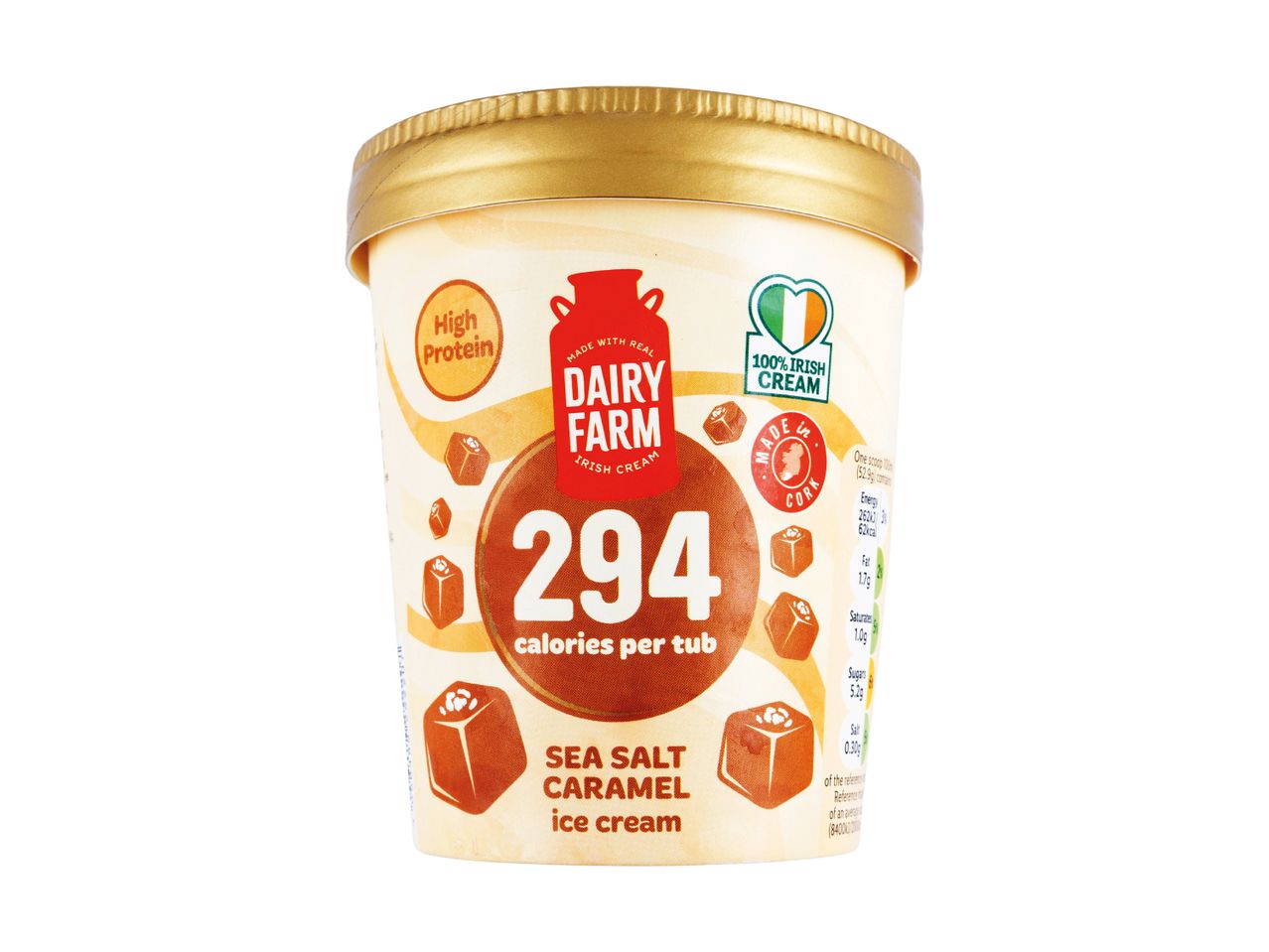 Sea salt caramel ice cream tub with 294 calories per tub, made with Irish cream.