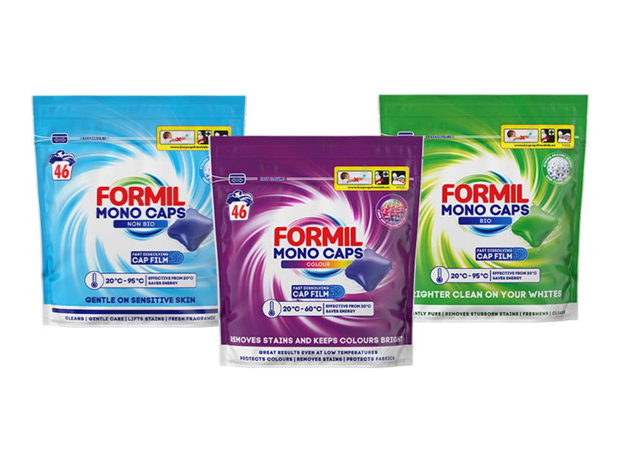 Three pouches of laundry detergent capsules: non-bio for sensitive skin, colour, and bio for whites.