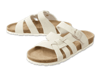 Zwei weiße Riemchensandalen mit Korksohle auf schwarzem Hintergrund