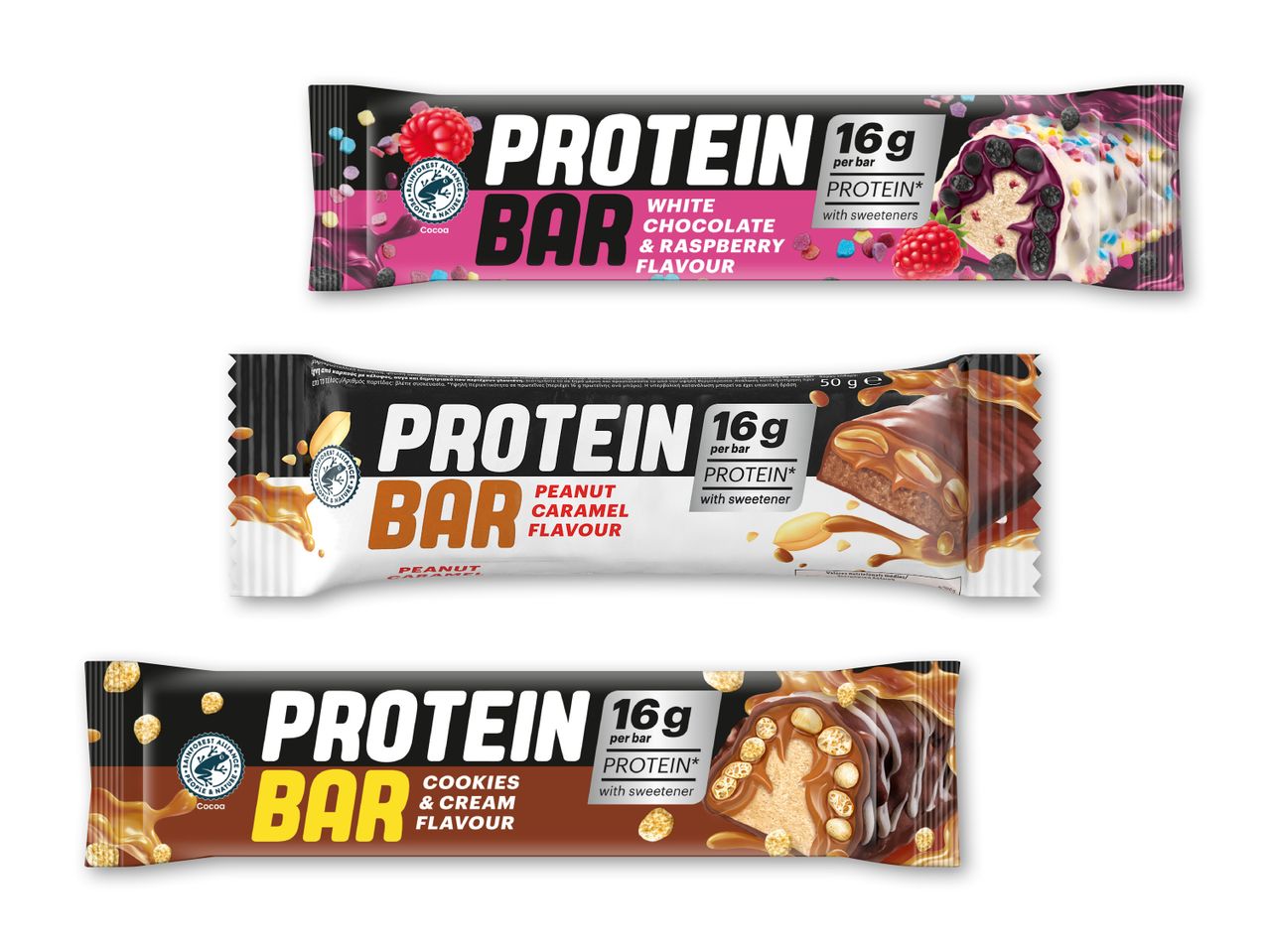 Tre forskellige proteinbarer med smag af hhv. hvid chokolade & hindbær, peanut & karamel og cookies & fløde.
