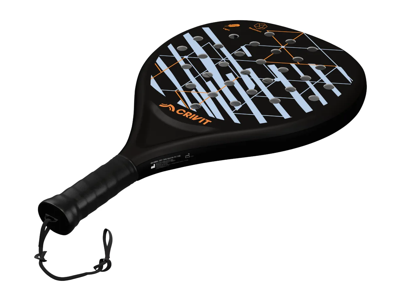 Black padel racket with light blue and orange geometric patterns and a black grip.