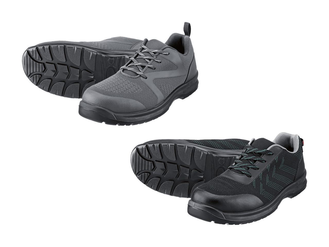 Due paia di scarpe antinfortunistiche, uno grigio e uno nero con dettagli turchesi.