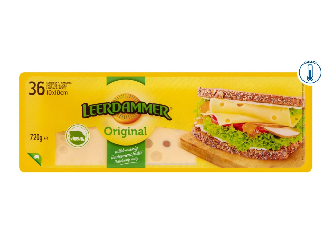 Package of Leerdammer Original cheese slices, 720g, 36 slices.