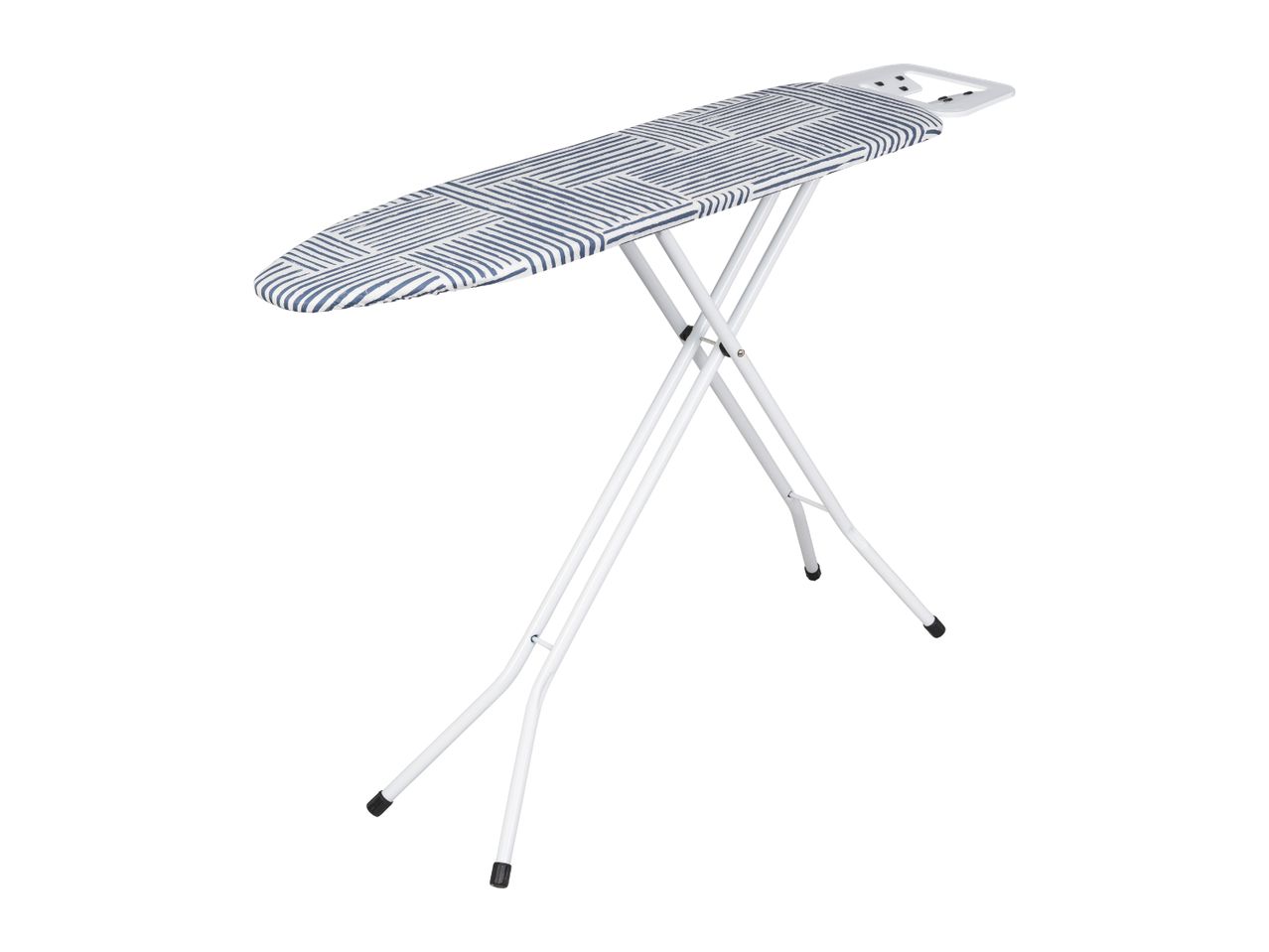 Ironing board with a blue and white striped cover and white metal legs
