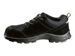 Black safety shoe with yellow and black laces, side view.