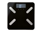 Black digital bathroom scale with silver electrodes, displaying '0.0 kg' and user icon.