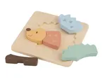 Wooden animal puzzle with a hedgehog, featuring light blue and green pieces.