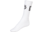 White athletic sock with black text and graphic design on the ankle.
