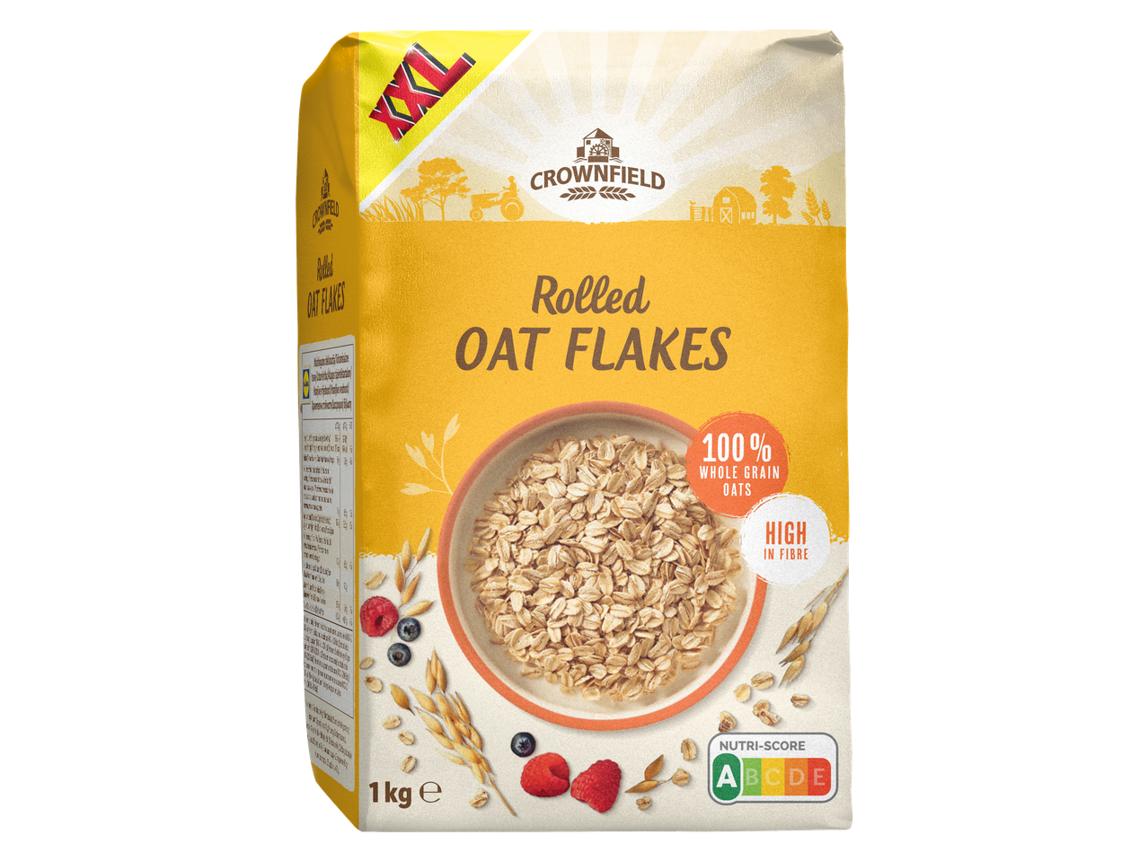 Crownfield zabpehely, 1 kg-os csomag, 100% teljes kiőrlésű zab, magas rosttartalommal.