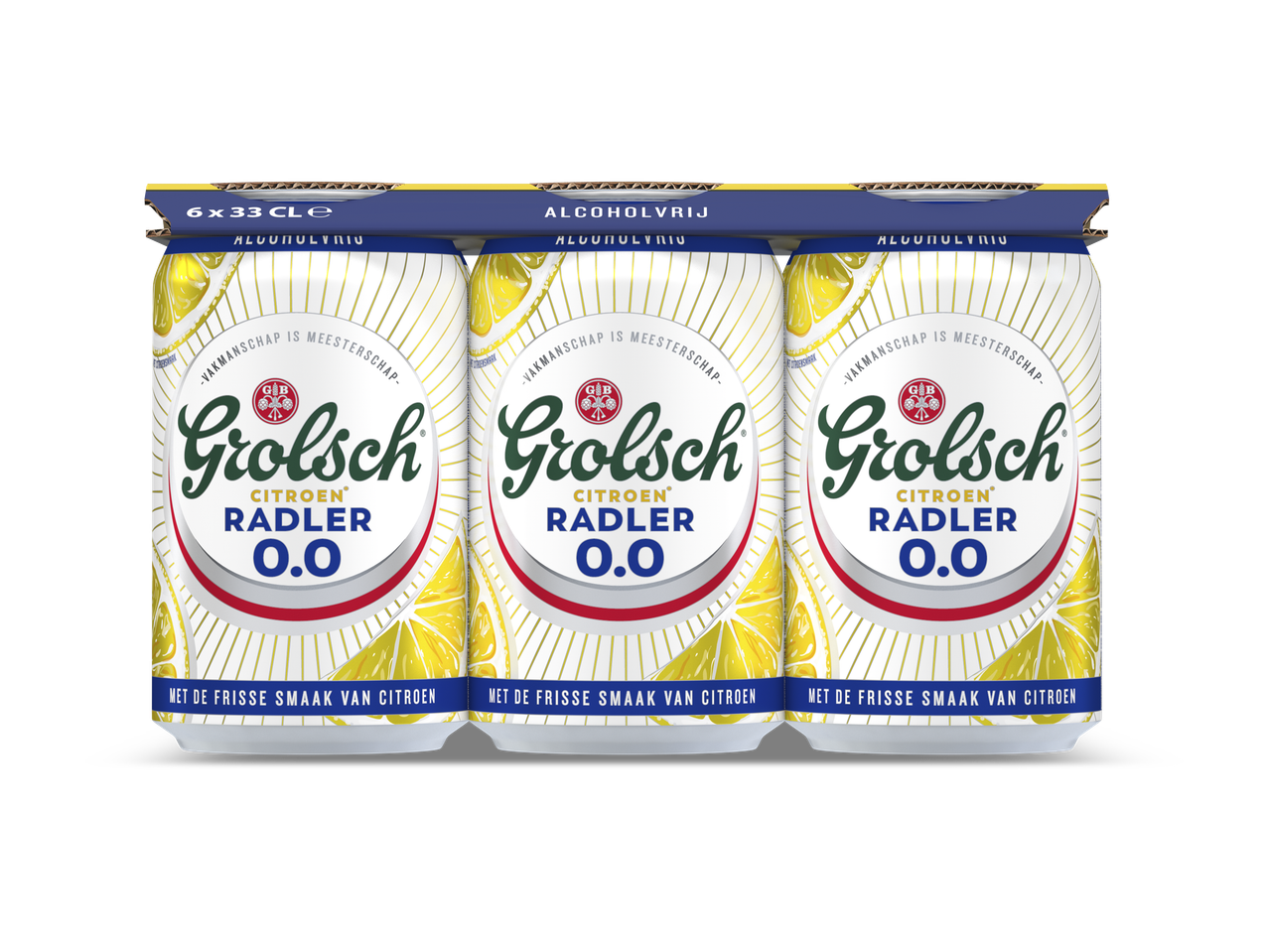 Een 6-pack alcoholvrije radler met citroensmaak, met de tekst 'Vakmanschap is Meesterschap'.