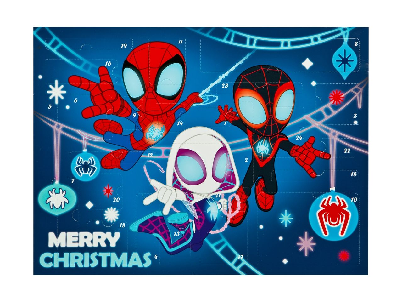 Spider-Man adventskalender med Spider-Man, Spider-Gwen og Miles Morales.