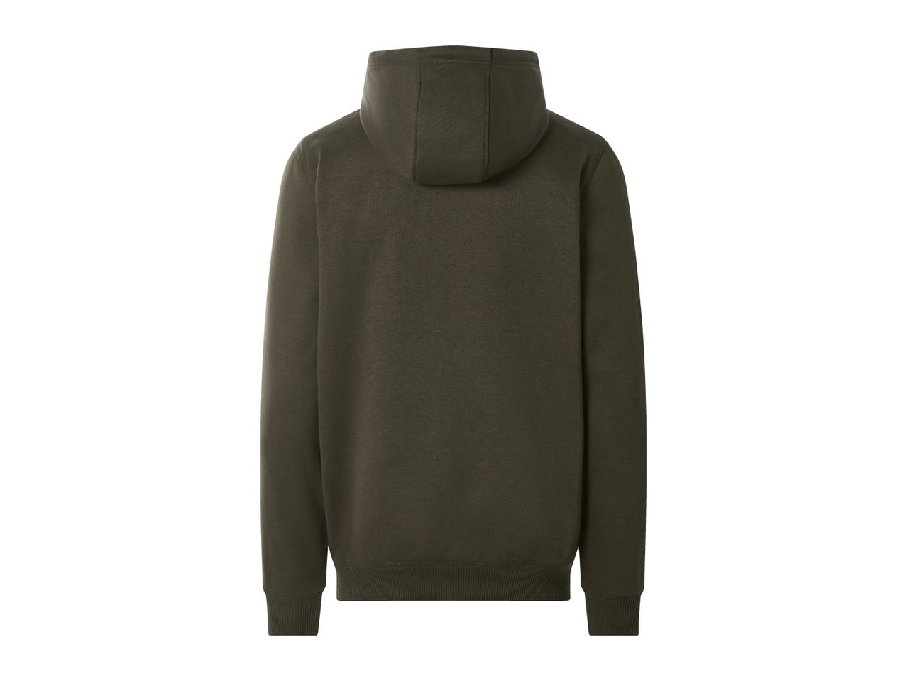 Back view of a men's dark green hoodie with ribbed cuffs and hem