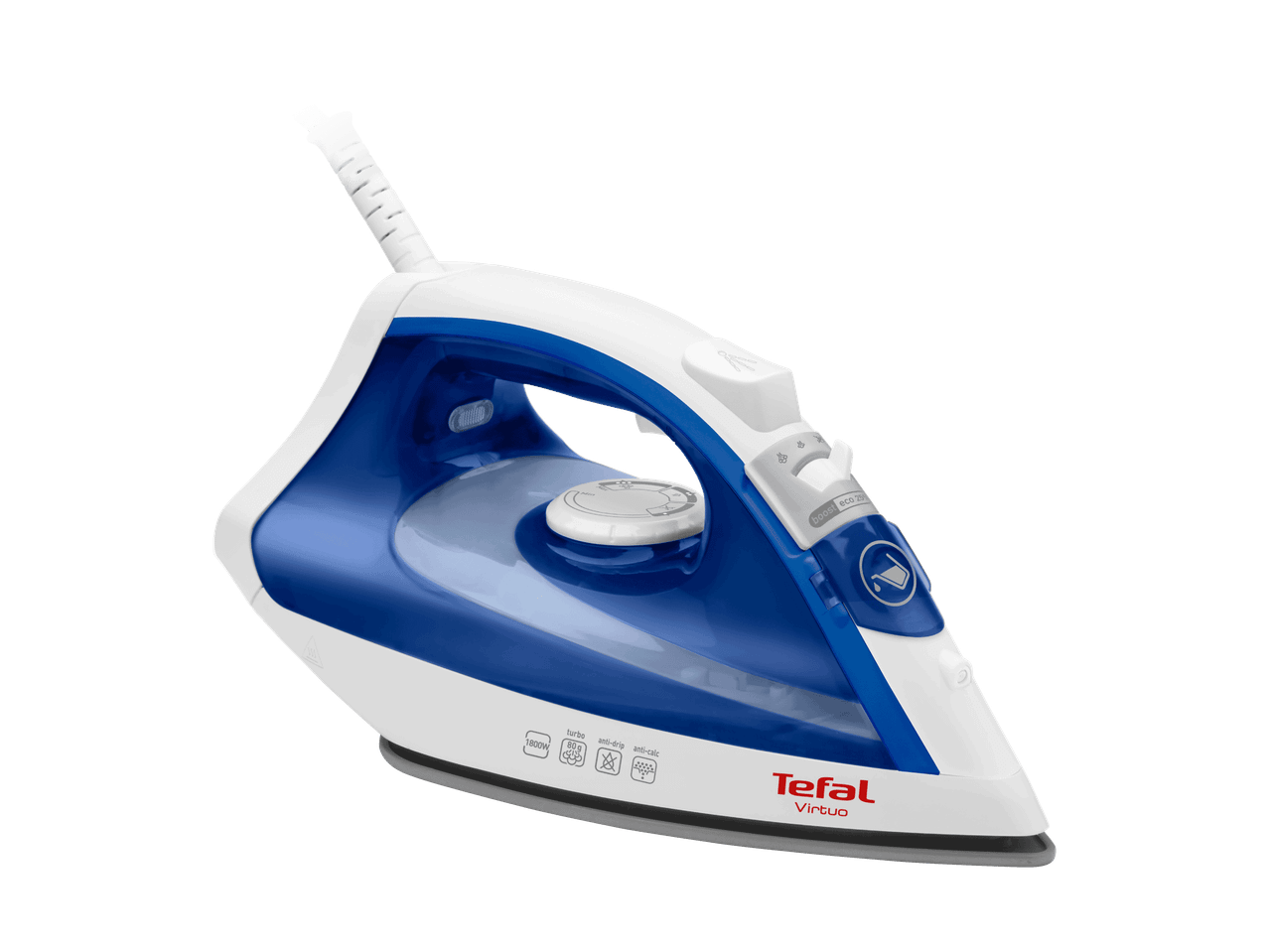 Fer à vapeur blanc et bleu avec fonctions turbo, anti-goutte et anti-calcaire.