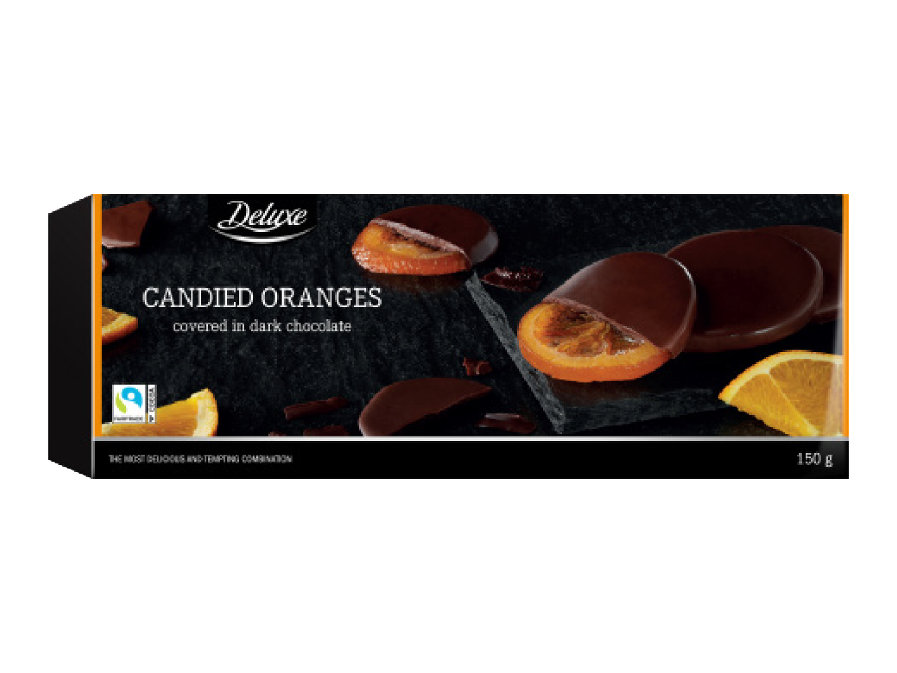 Deluxe kanditud apelsinid tumedas šokolaadis, 150 g pakend.