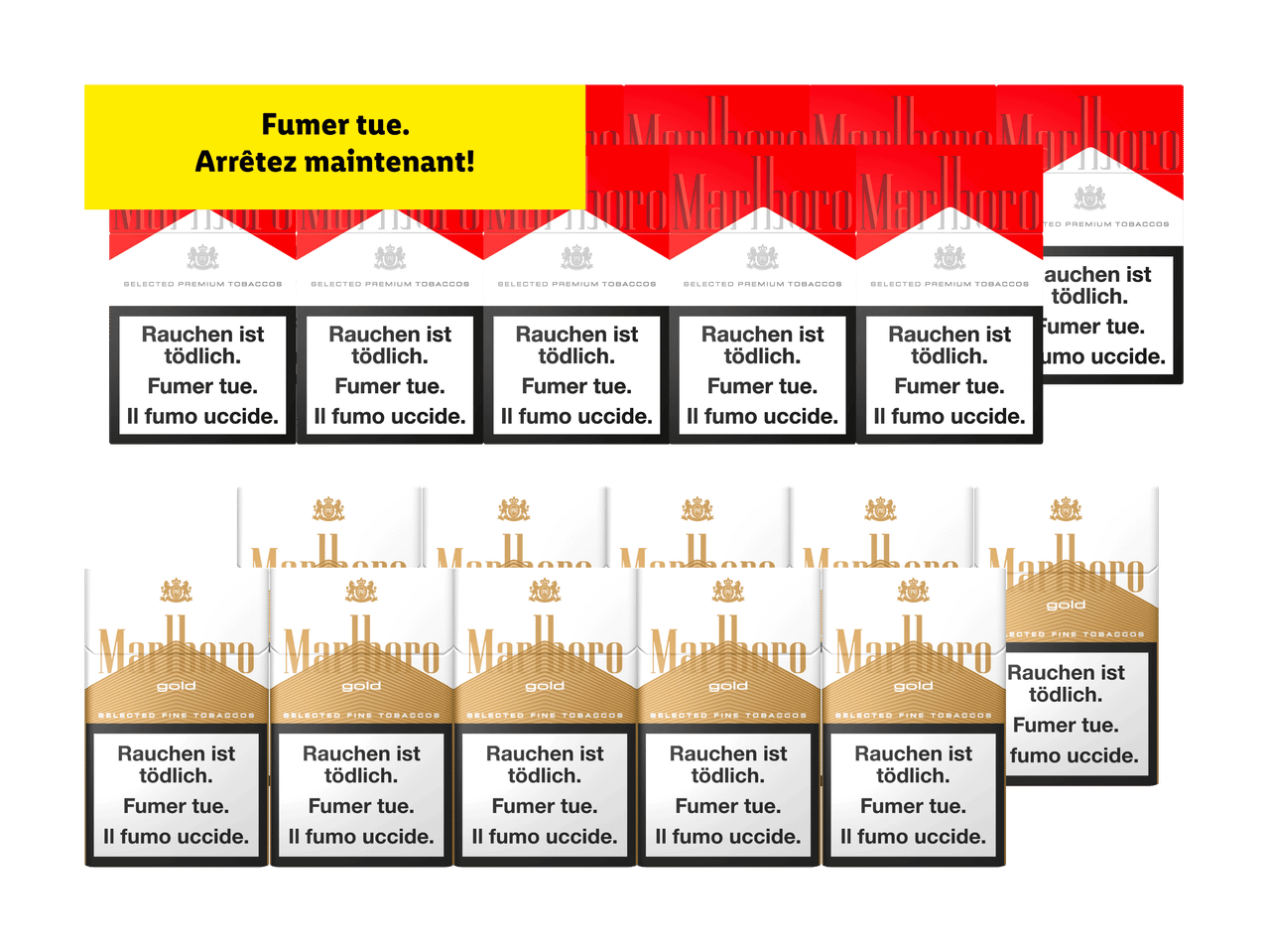 Paquets de cigarettes Marlboro rouges et dorés avec des avertissements de santé en plusieurs langues.