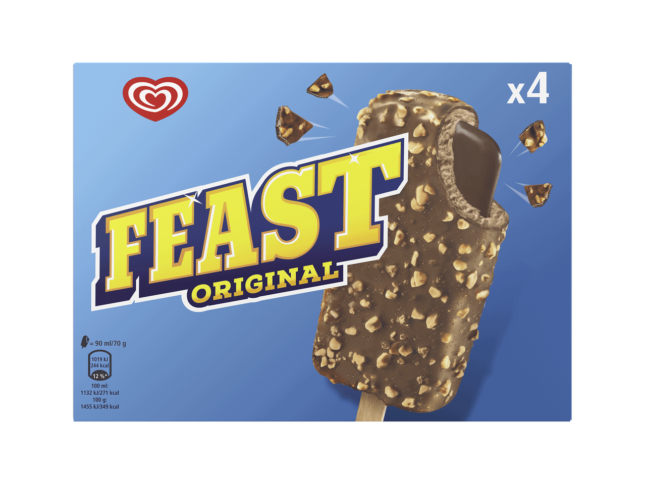 Embalagem de gelados de chocolate com cobertura de frutos secos, com a palavra 'FEAST ORIGINAL' em destaque.