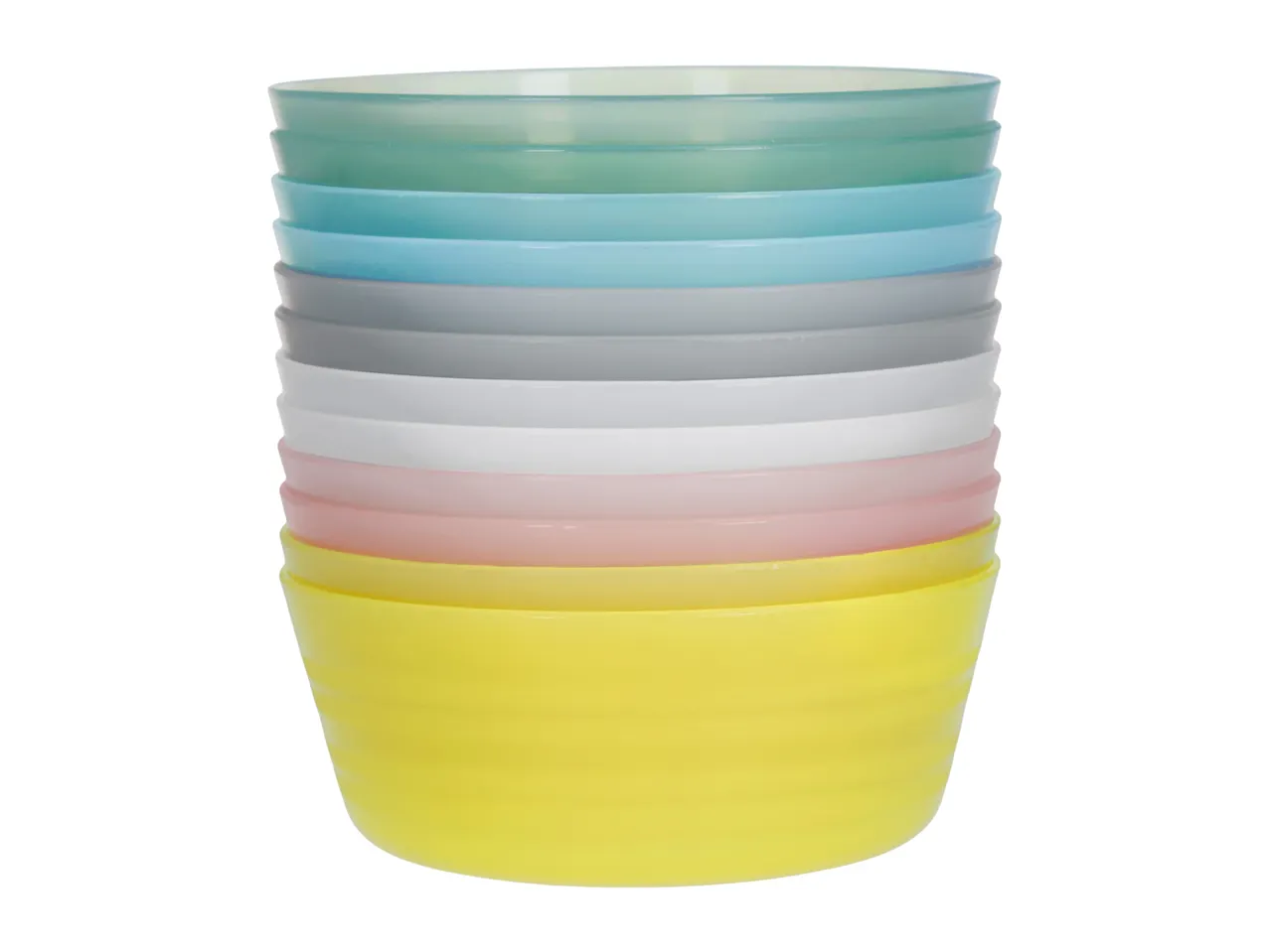 Stack of colorful plastic bowls in various pastel shades, including yellow, pink, white, grey, and blue.