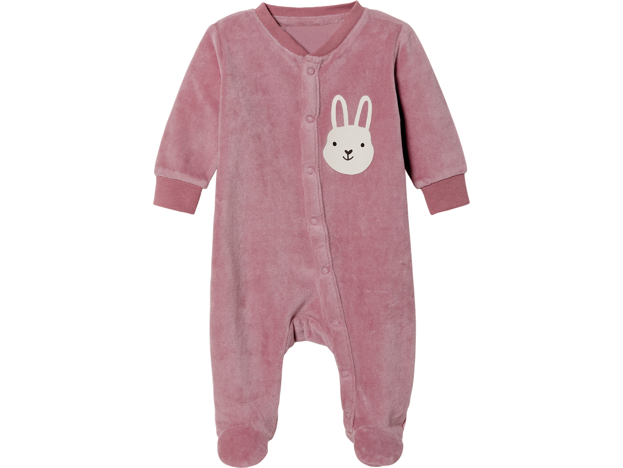 Rosa baby-overall i velour med kaninmotiv.