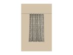 Grey shower curtain with a white leaf pattern, hanging on a silver rod.