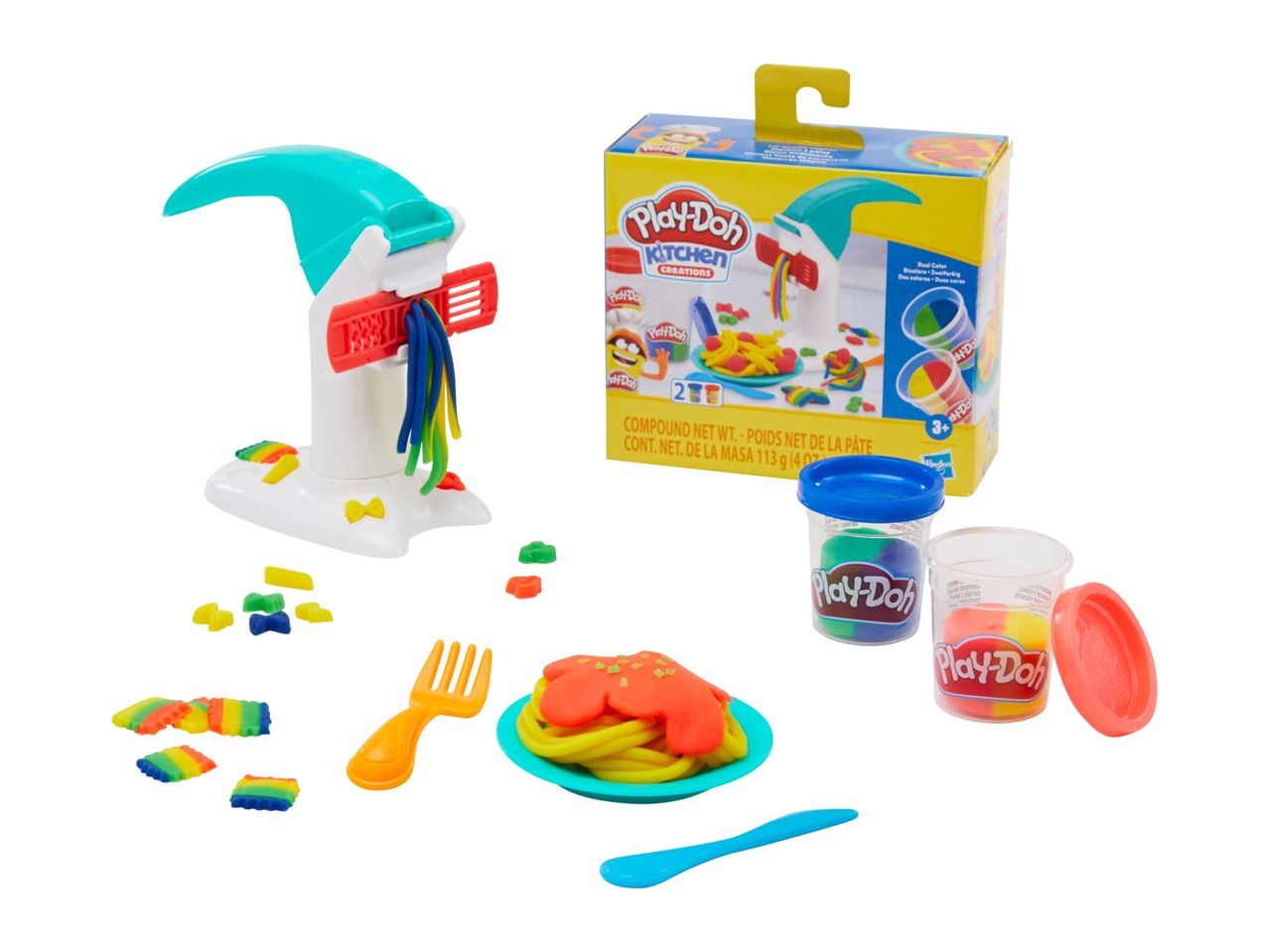 Play-Doh Kitchen Creations pasta maker set with play-doh containers, pasta, and utensils.
