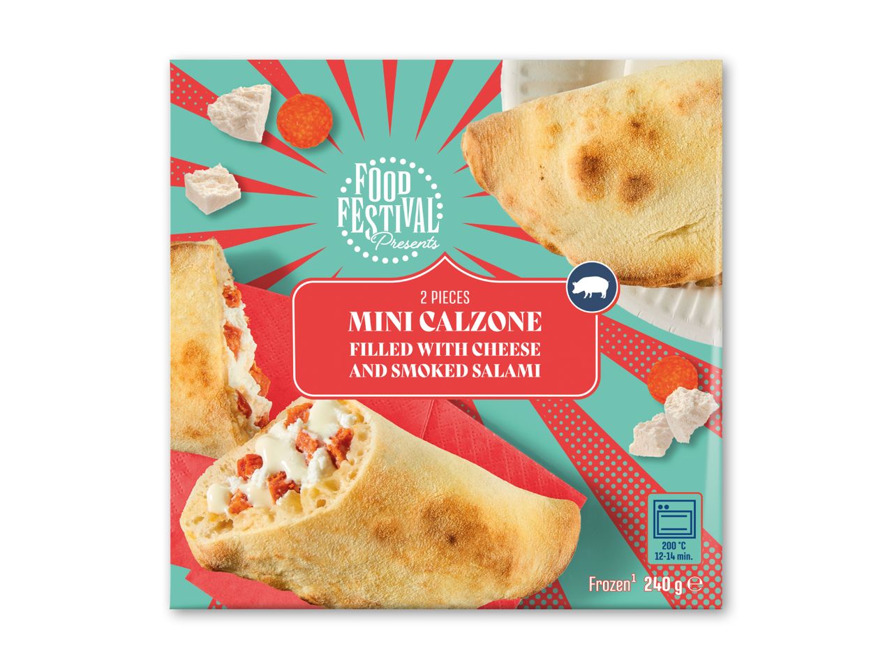 Pakke med 2 mini calzone fyldt med ost og røget salami, klar til ovn.