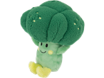 Pelúcia de brócolis verde com rosto sorridente e pés amarelos