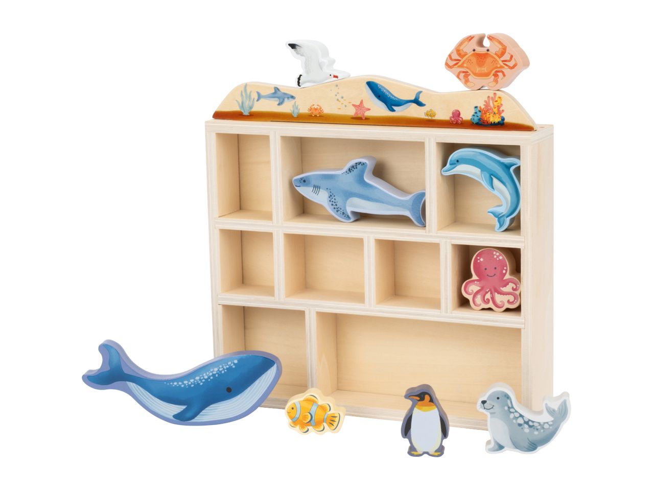 Wooden sea animal toy set with a display shelf, including a whale, shark, dolphin, and crab.